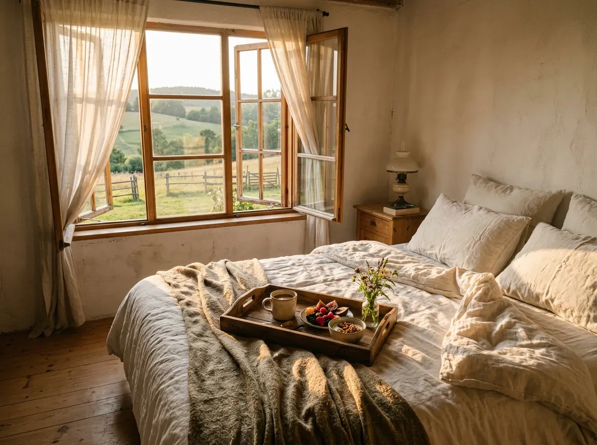 A sunlit bed and breakfast guest room with a breakfast tray on the bed and green hills through the open window