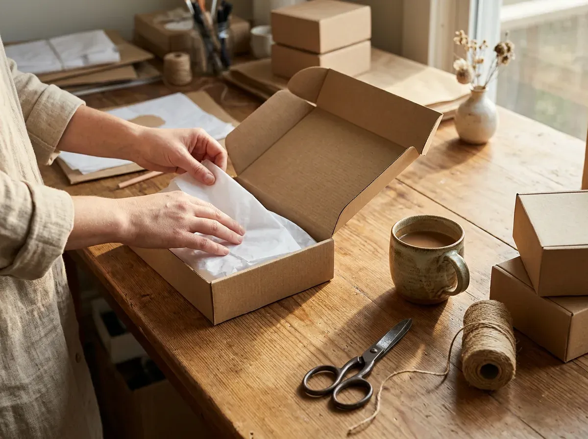 A founder's hands folding tissue paper into a plain kraft box next to a handmade ceramic mug on a studio table