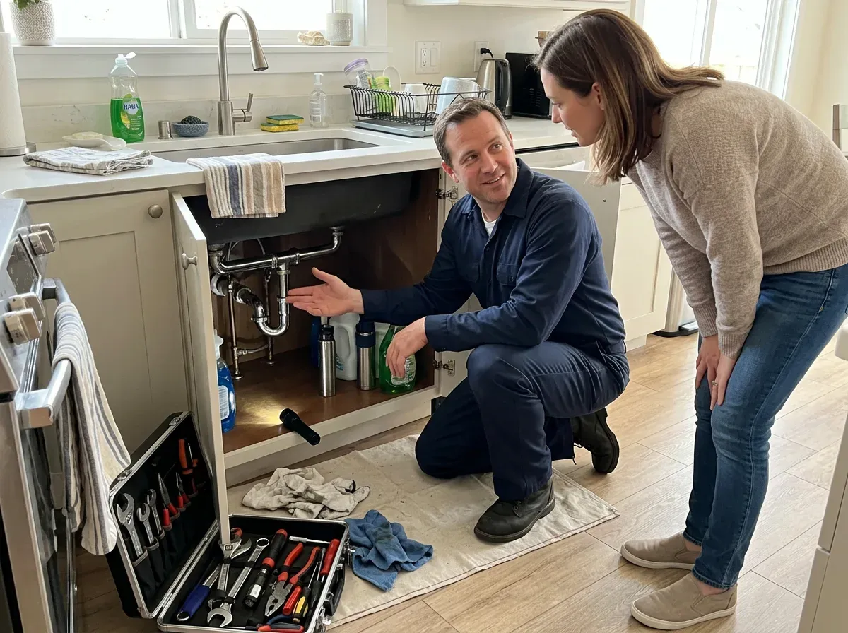 A plumber in plain work clothes kneeling under a kitchen sink explaining a replaced pipe fitting to a homeowner