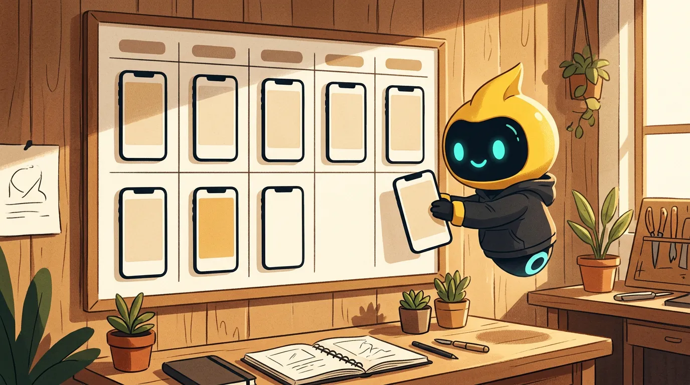 Friendly helper placing blank phone frames on a weekly content calendar board