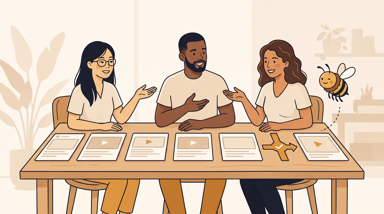 Small business team reviewing a calm social post approval queue at a warm wooden workshop table with a friendly bee helper