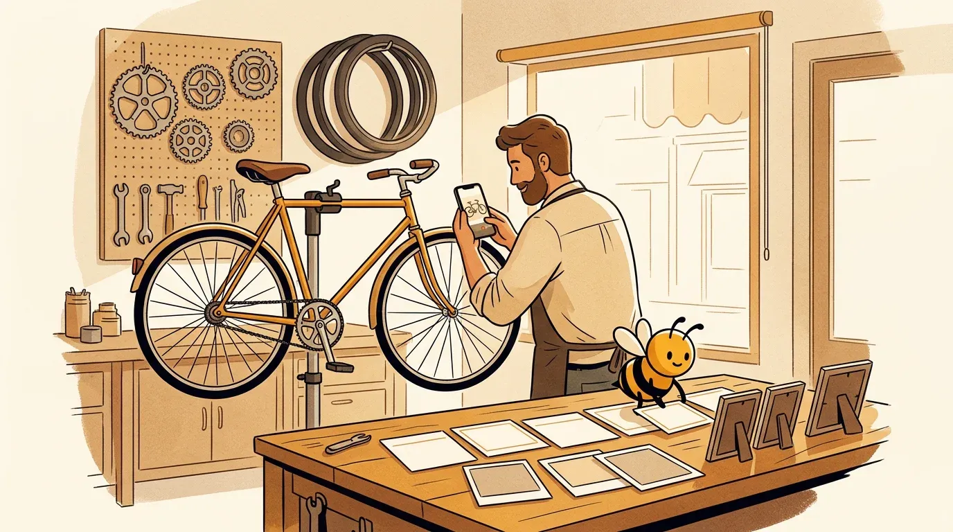 Workshop-style illustration of a bike shop owner photographing a freshly tuned bicycle while a friendly bee helper lays out post cards for the week