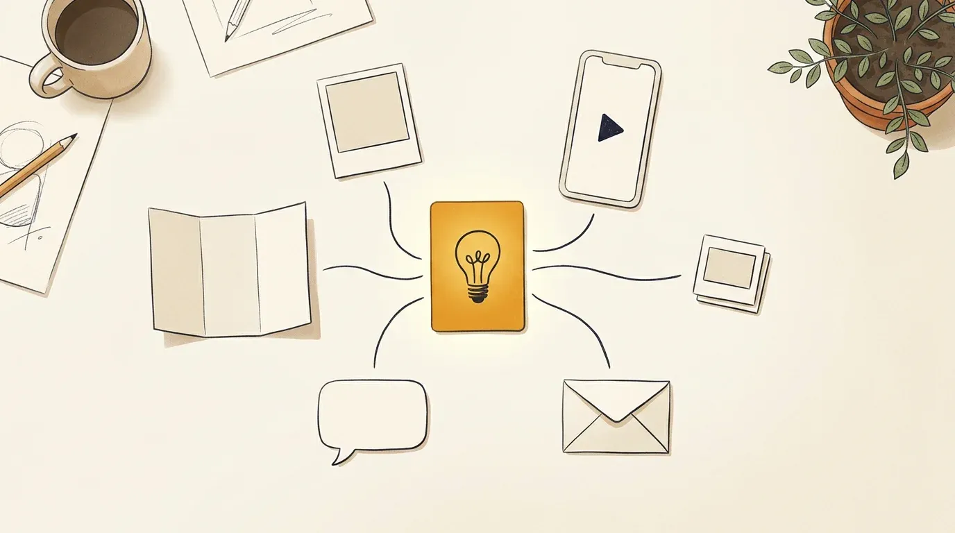 One central idea card branching into a photo print, a video frame, slides, an email, a speech bubble and a folded flyer