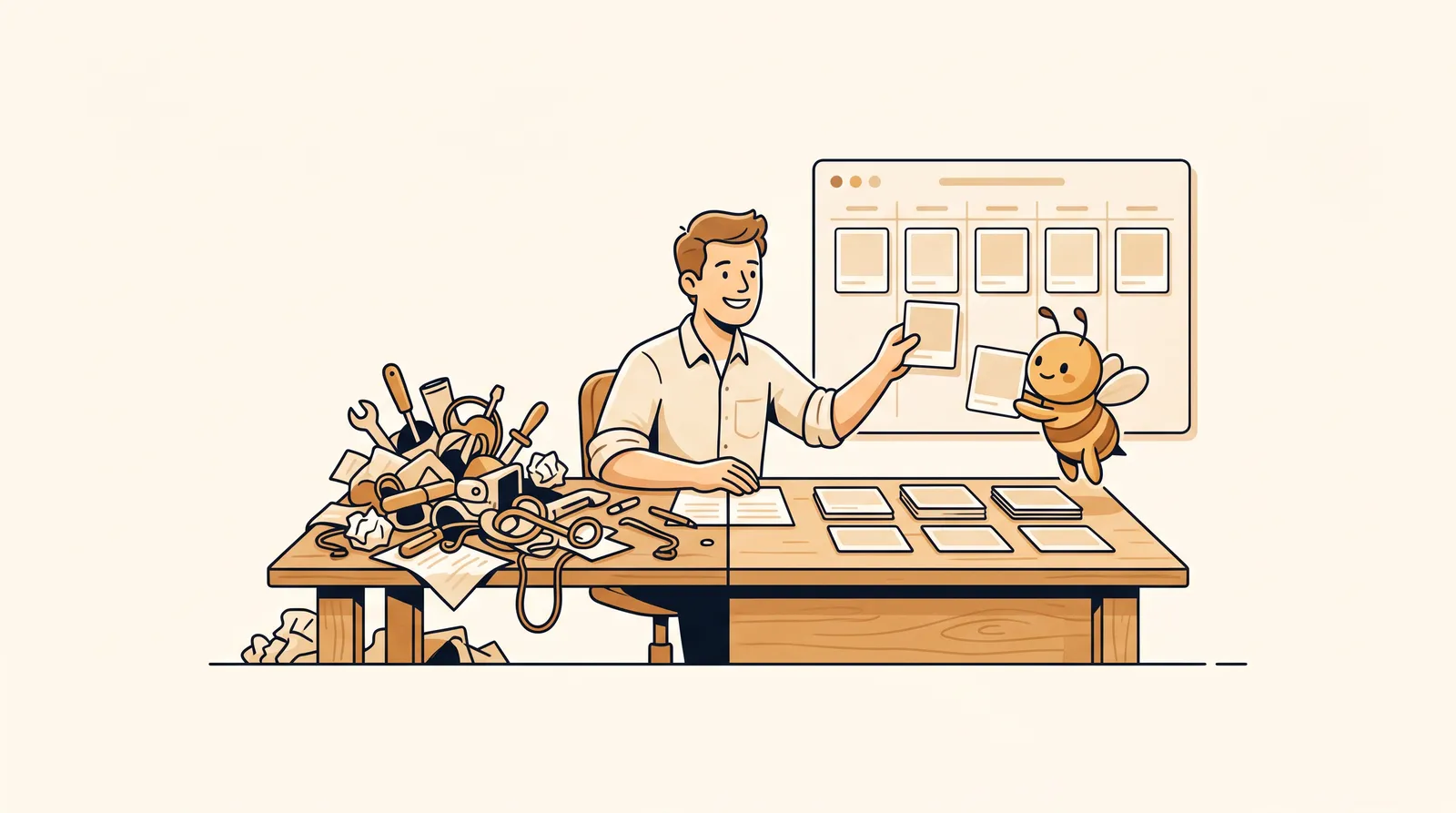 Warm illustration of a small business owner organizing social media workflow cards with a bee-like helper beside a content calendar.