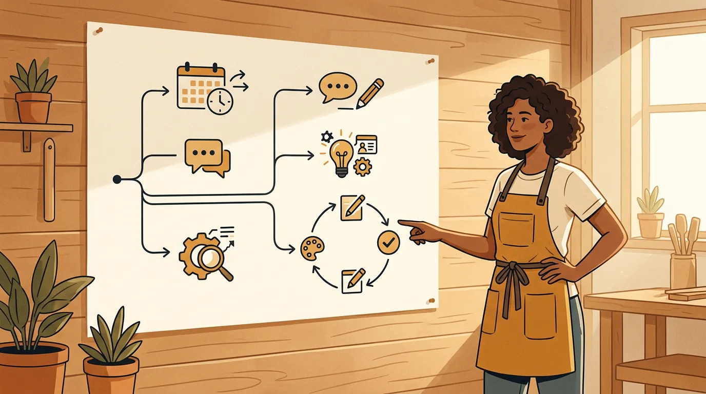 A small business owner points at a visual decision map comparing different social media tool workflows.