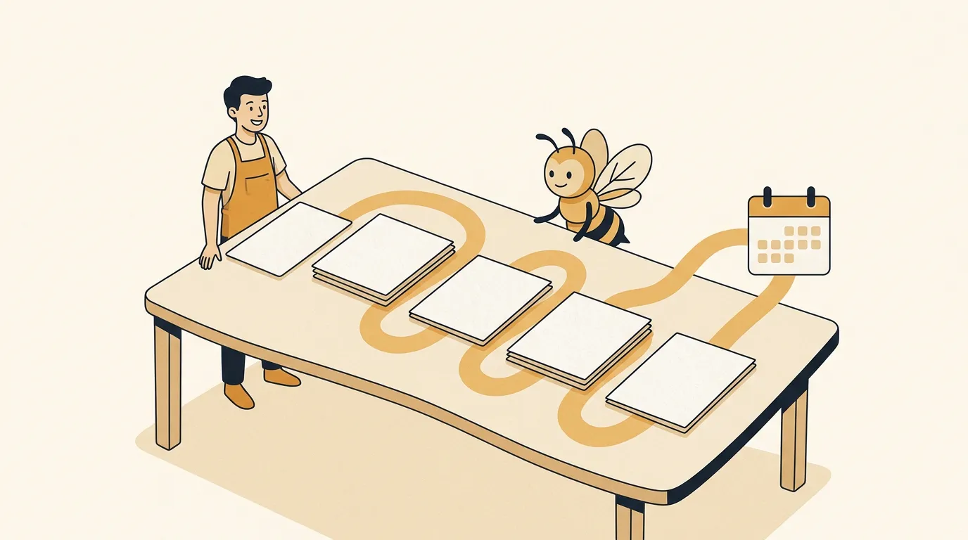 A small business owner and bee-like helper arrange blank workflow cards into a weekly AI social media plan.