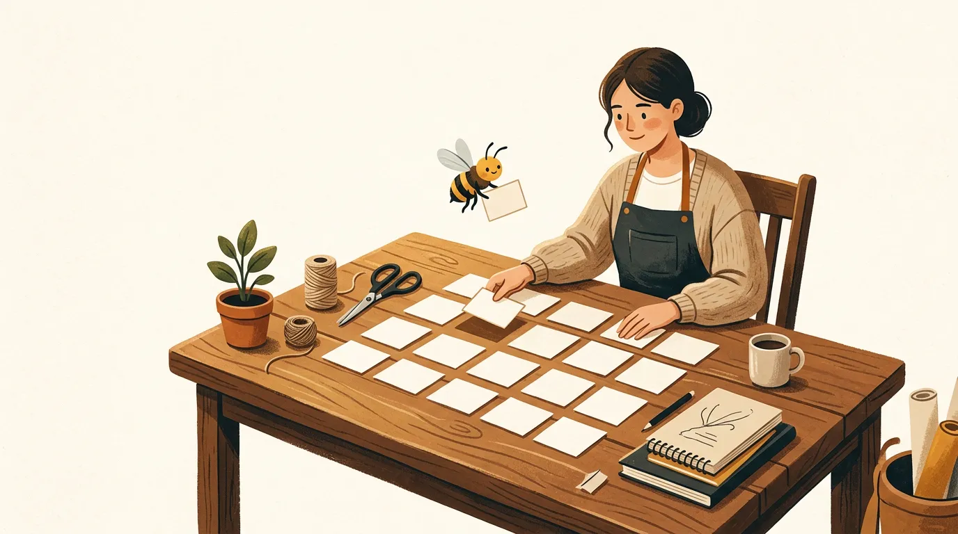 A small-business owner at a wooden workbench laying out blank paper cards in neat rows while a friendly bee carries one more card into place
