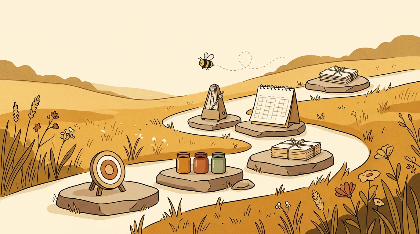 A path of five stepping stones across a meadow, each holding a simple planning object, with a small bee flying along the path