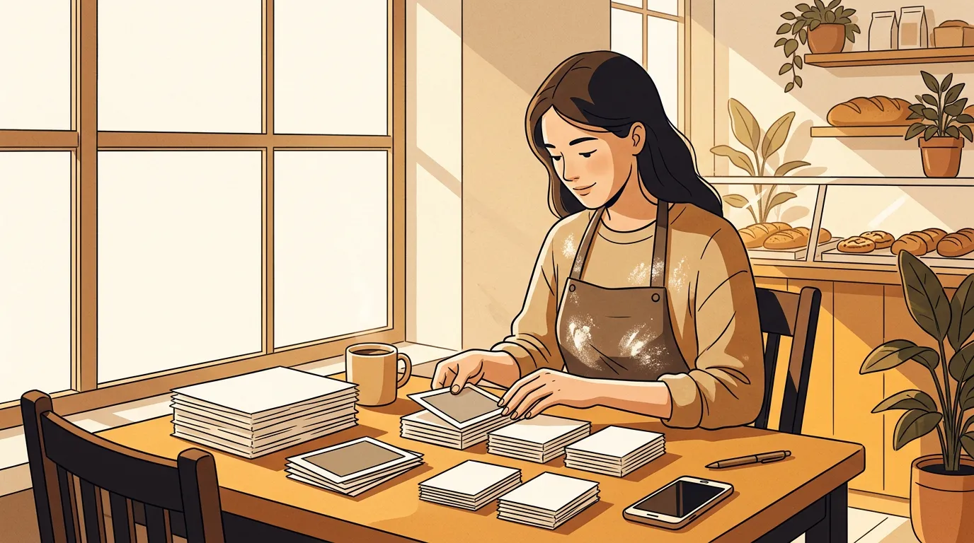 A bakery owner at a sunny cafe table sorting blank photo prints and paper cards into four small piles, with a coffee cup and a phone on the table