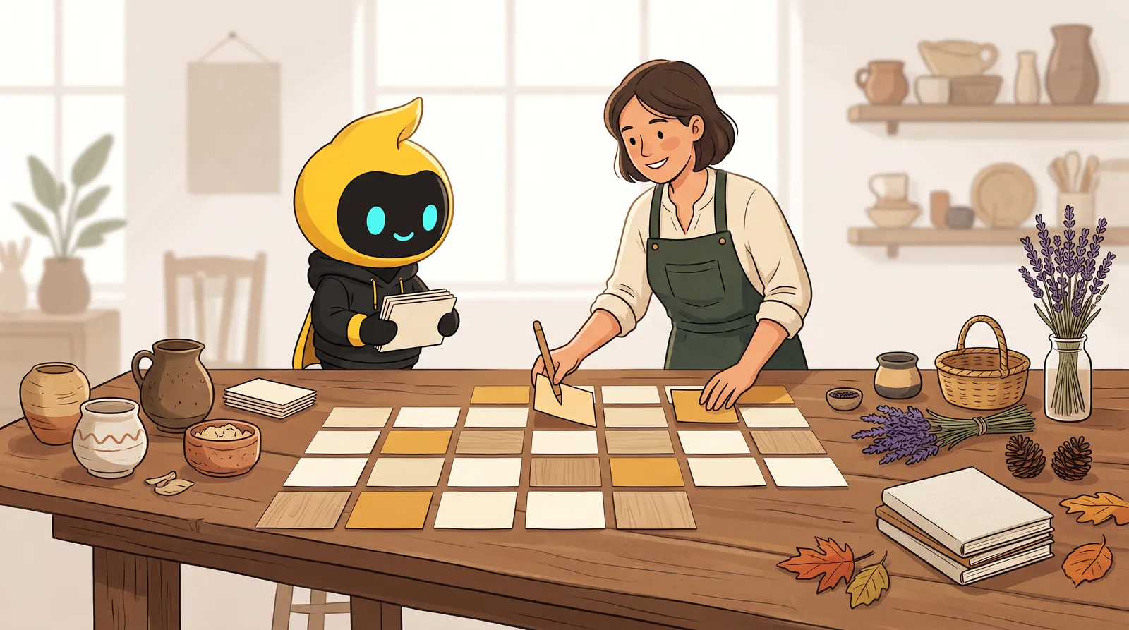 Small-business owner arranging a month of social content cards on a warm workshop table