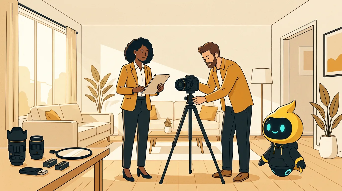 Real estate agent and property photographer planning truthful interior images