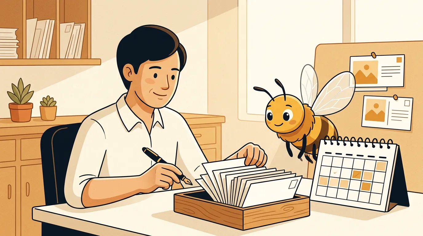 A founder checks an approval tray of blank weekly post cards before the content plan goes live.