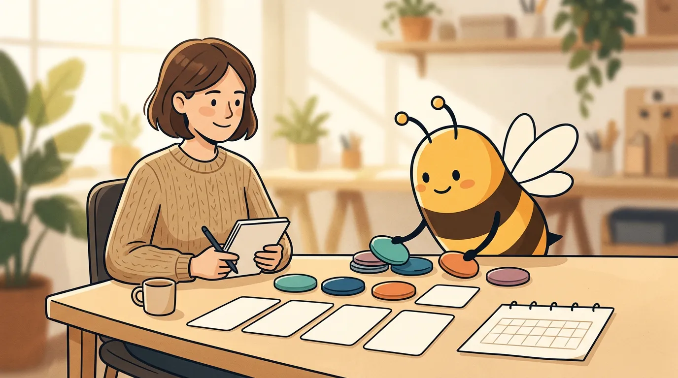 A founder reviews a weekly opportunity briefing with a bee-like helper arranging blank content cards.