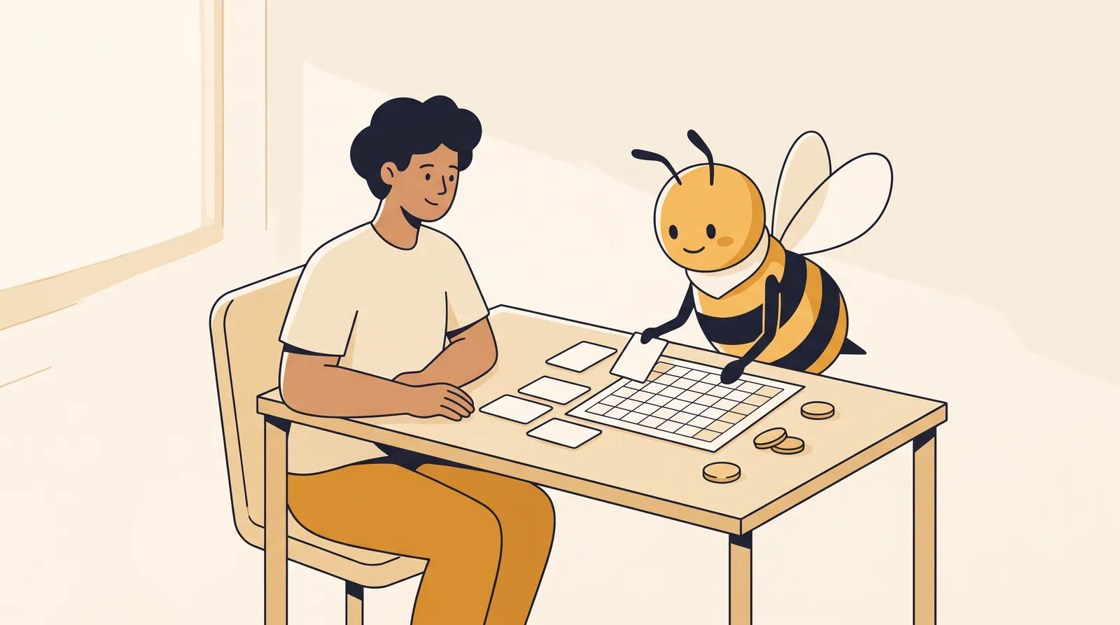 Warm workshop illustration of a small-business founder starting the week with Beevi Weekly Compass opportunity cards and a friendly helper.