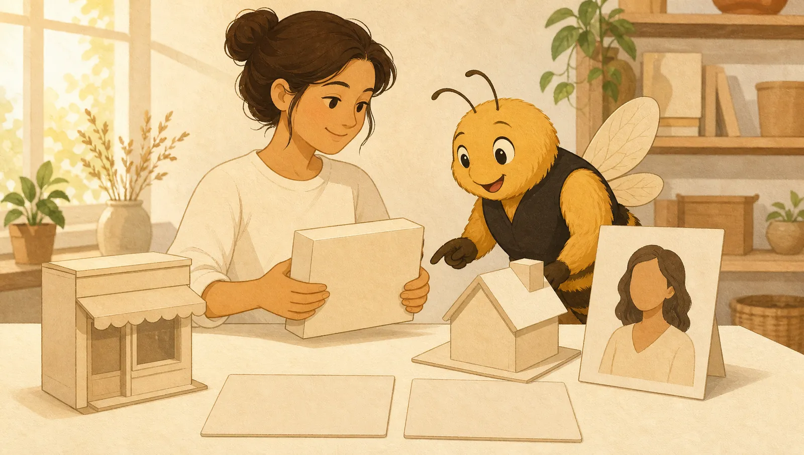 Small-business owner and bee-like helper preparing product, property, character, and location references for video