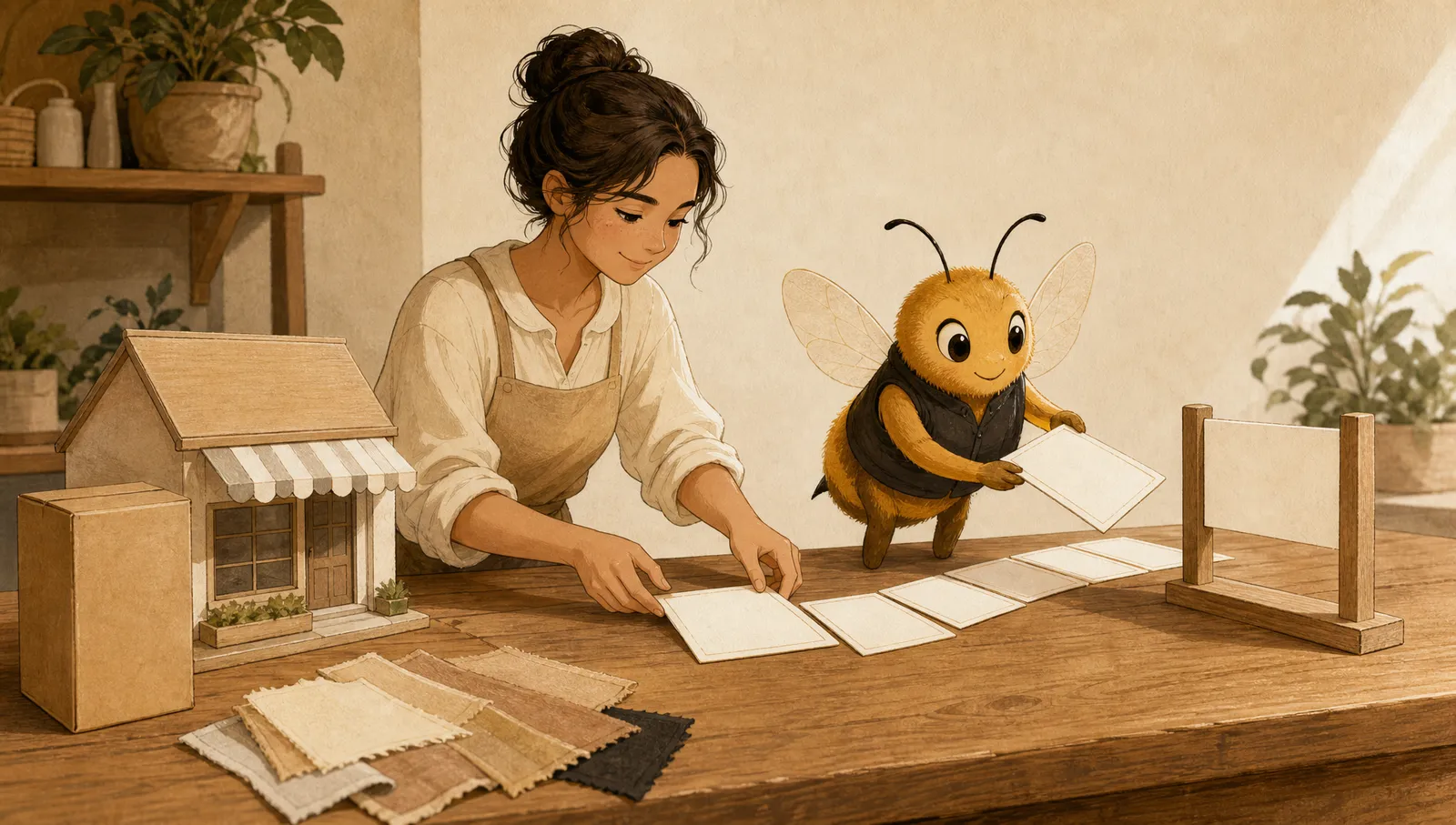 Small-business owner and friendly bee-like helper arranging branded short-form video scenes and review checkpoints in a warm workshop