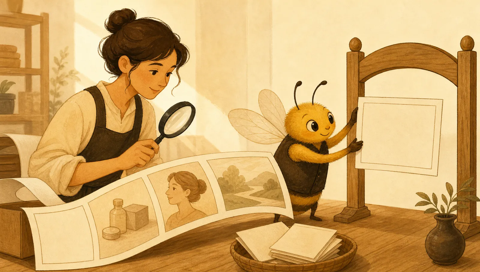 Small-business owner reviewing video frames with a bee-like helper before approval