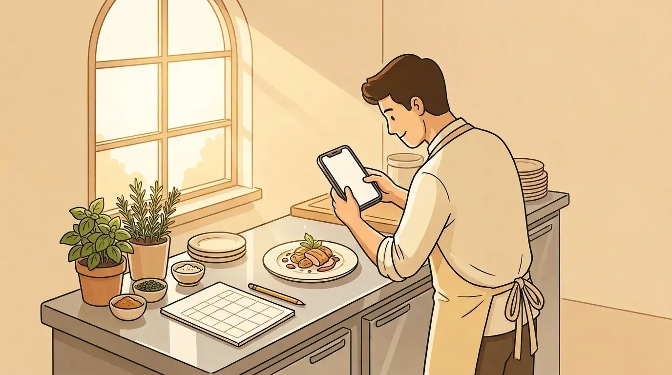 Chef filming a short vertical video of a dish being plated beside a sunny kitchen window, with a weekly planner and phone on the counter