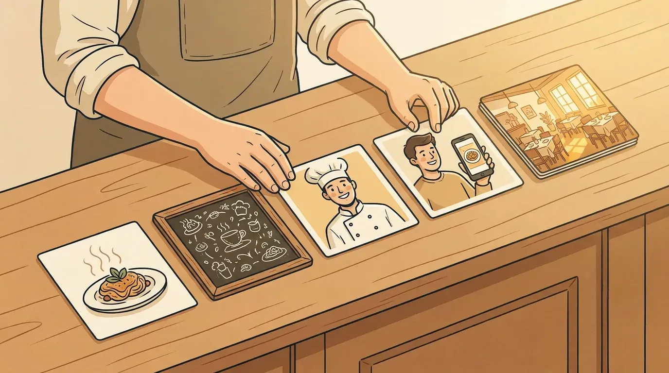 Restaurant owner arranging five kinds of social posts on a warm wooden counter: a plated dish, a daily special board, a smiling chef, a guest photo, and a cozy dining room