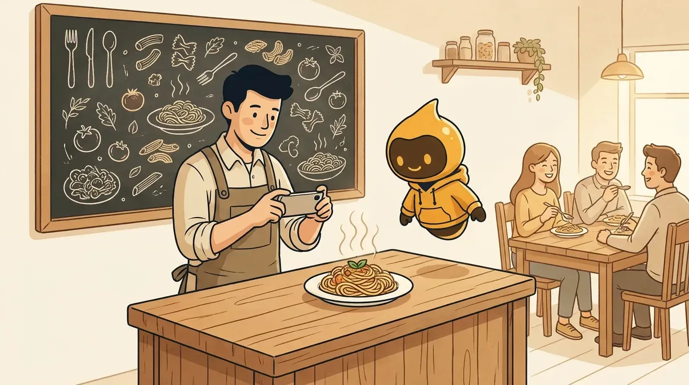 Restaurant owner photographing a steaming plate of pasta at the counter while guests enjoy dinner and a friendly Beevi helper floats nearby