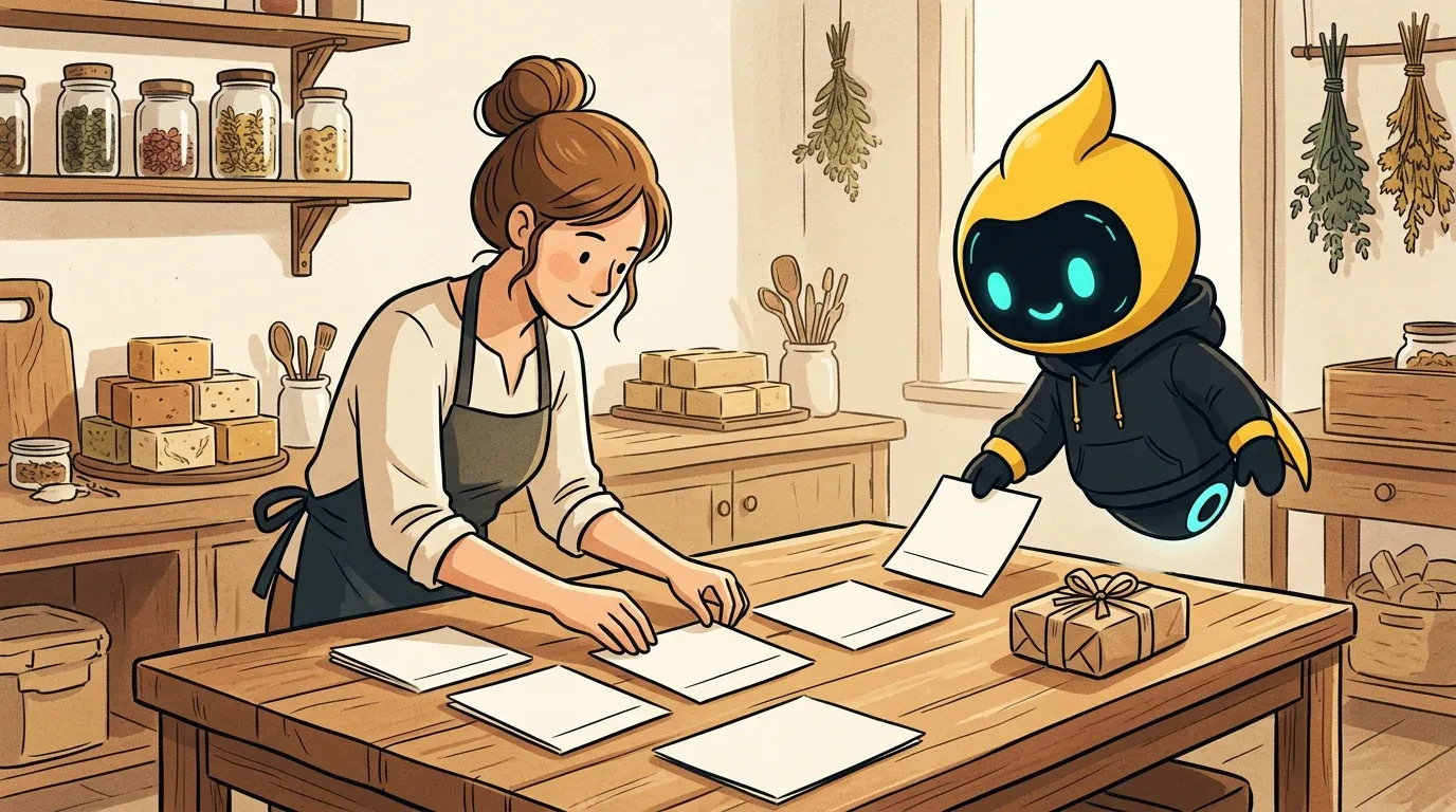 A soap maker lays out a row of blank post cards on her workshop bench leading to a wrapped new product, while the Beevi bee helper adds the last card