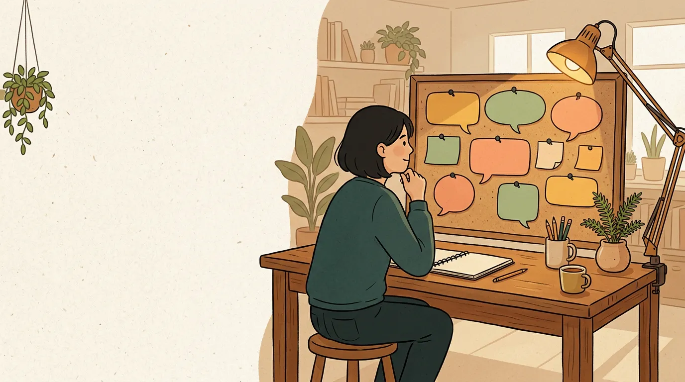A person at a cozy desk thoughtfully considering blank colored speech-bubble shapes and sticky notes pinned to a corkboard, warm amber lighting, flat illustration style.