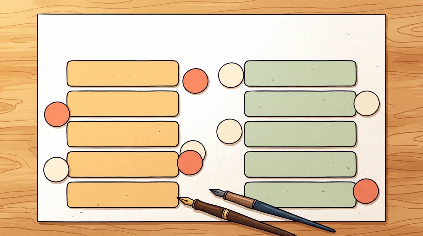 A flat illustration of a brand-voice worksheet with two columns of colored cards on a warm wooden desk, representing a say-this / not-that voice chart