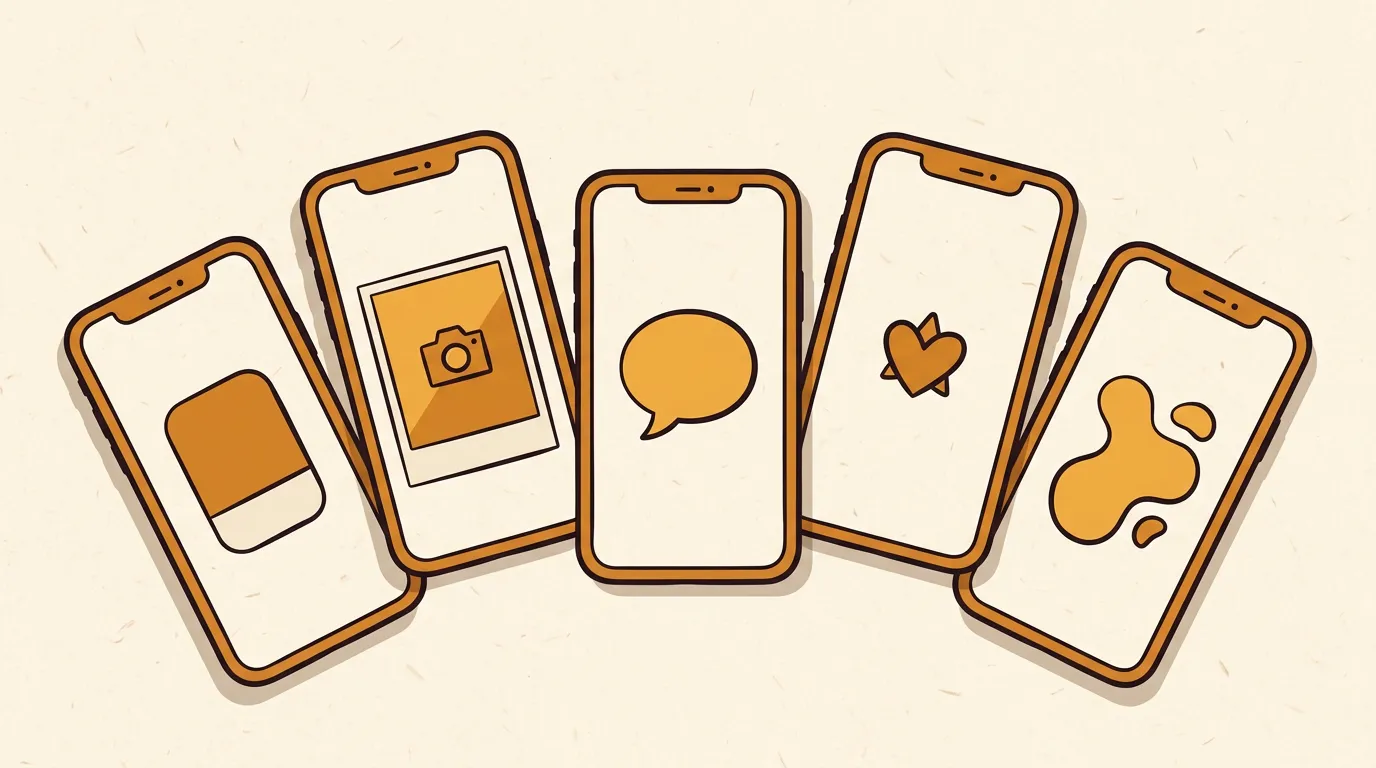 A flat illustration of five phone screens in a fan layout, each showing a different social post in the same cohesive amber-and-ink visual style, representing one consistent brand voice across platforms