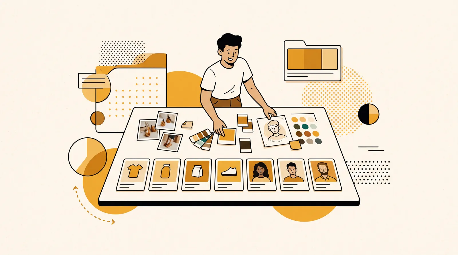 Illustration of a small business owner organizing product photos, avatar references, color swatches, and branded content cards for Instagram automation.