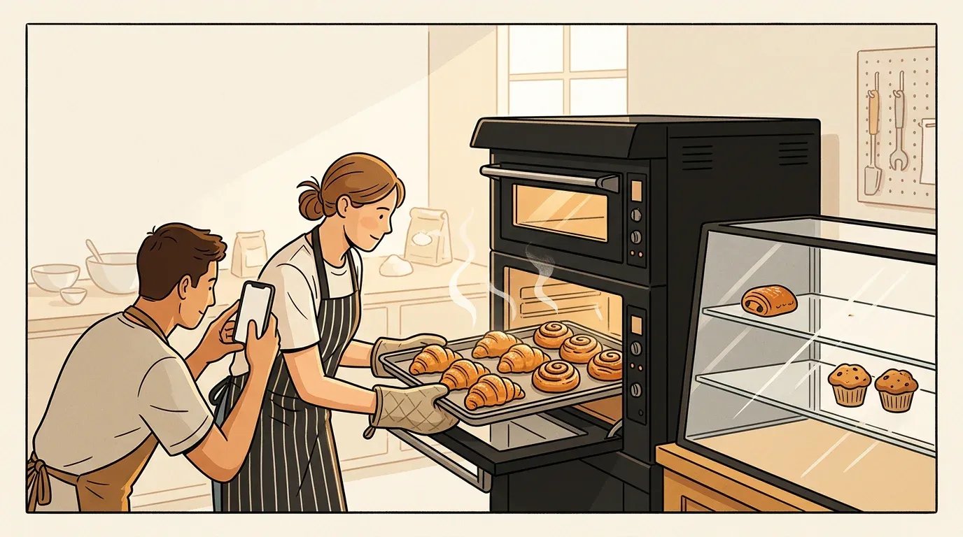 A baker pulls a tray of croissants and cinnamon buns out of the oven while a teammate films it, next to a nearly empty pastry case