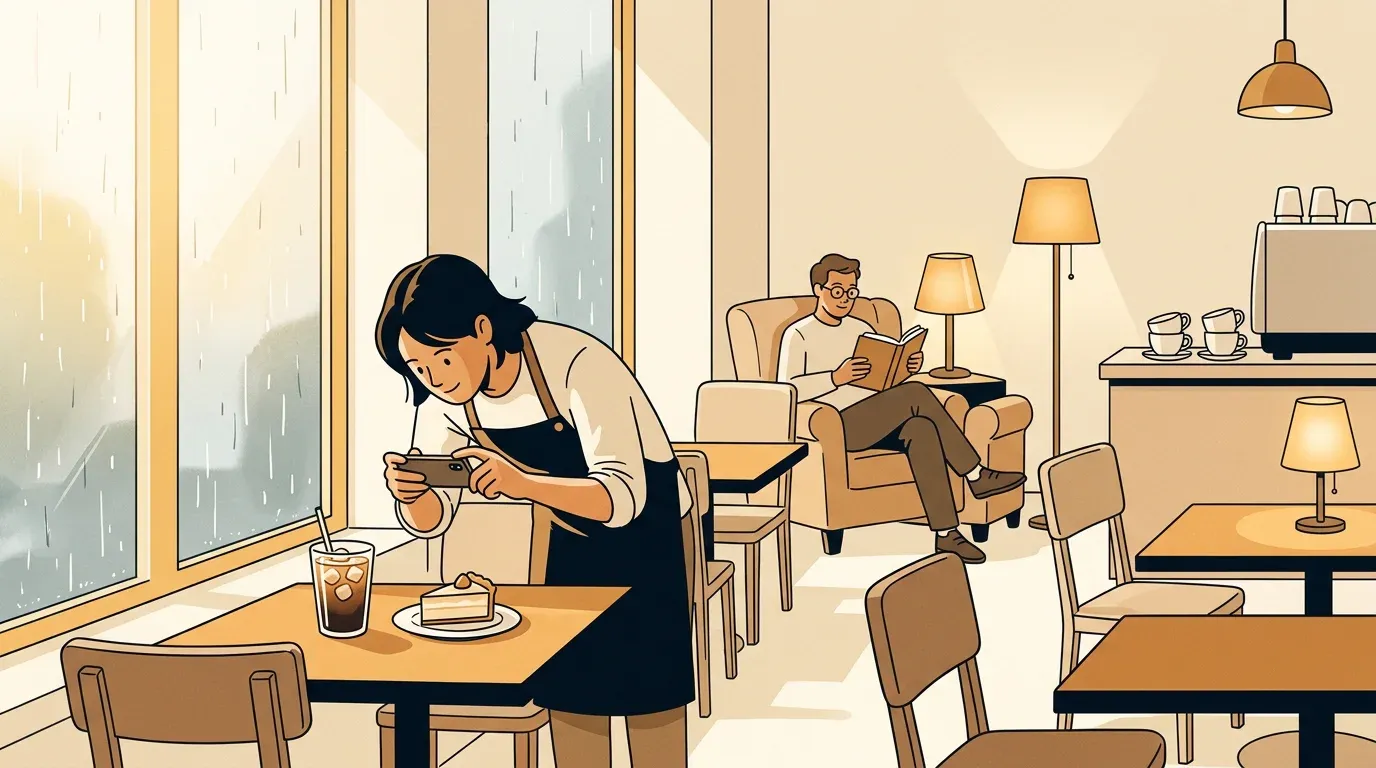 A barista photographs an iced coffee and a slice of cake by a rainy window while a regular reads in an armchair in a quiet cafe