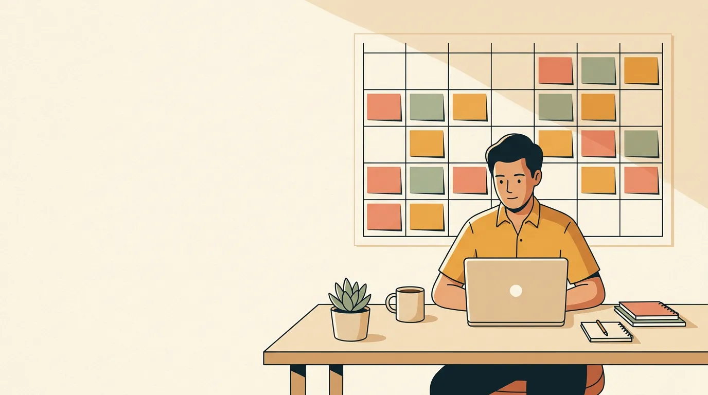 A person sitting at a tidy desk with a wall calendar grid of colored cards, a laptop, and a coffee, batching social content in warm afternoon light.