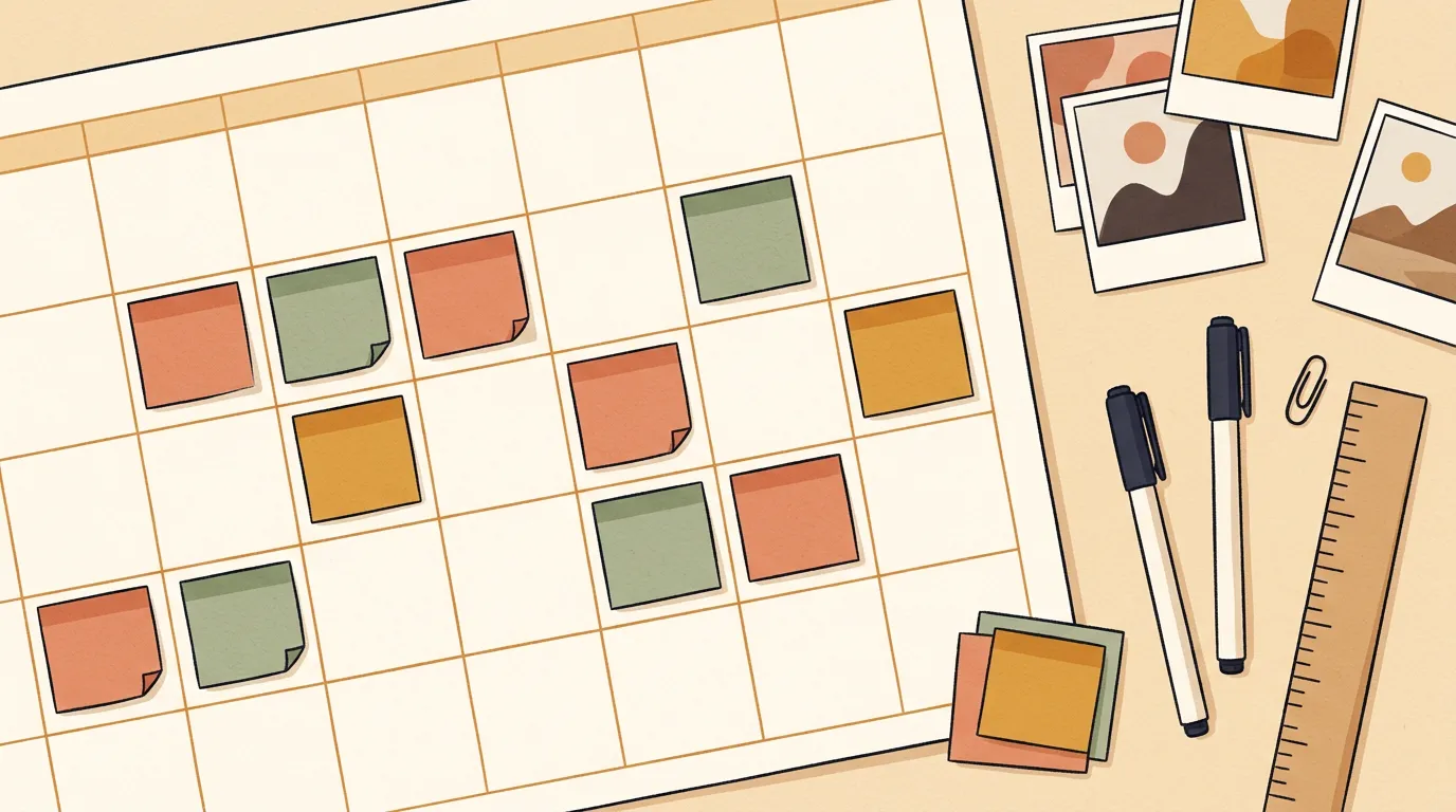 A calendar grid being filled with colored sticky-note cards, organized desk with photos and pens nearby