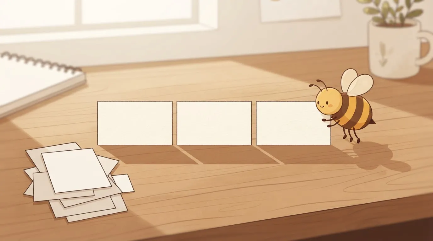 Blank answer cards arranged on a warm workshop desk for an AI search content framework.