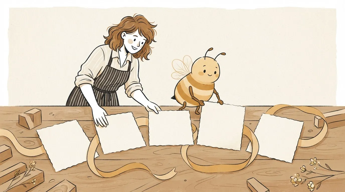A small business owner and friendly bee-like helper arranging blank page cards into a content system for AI search.