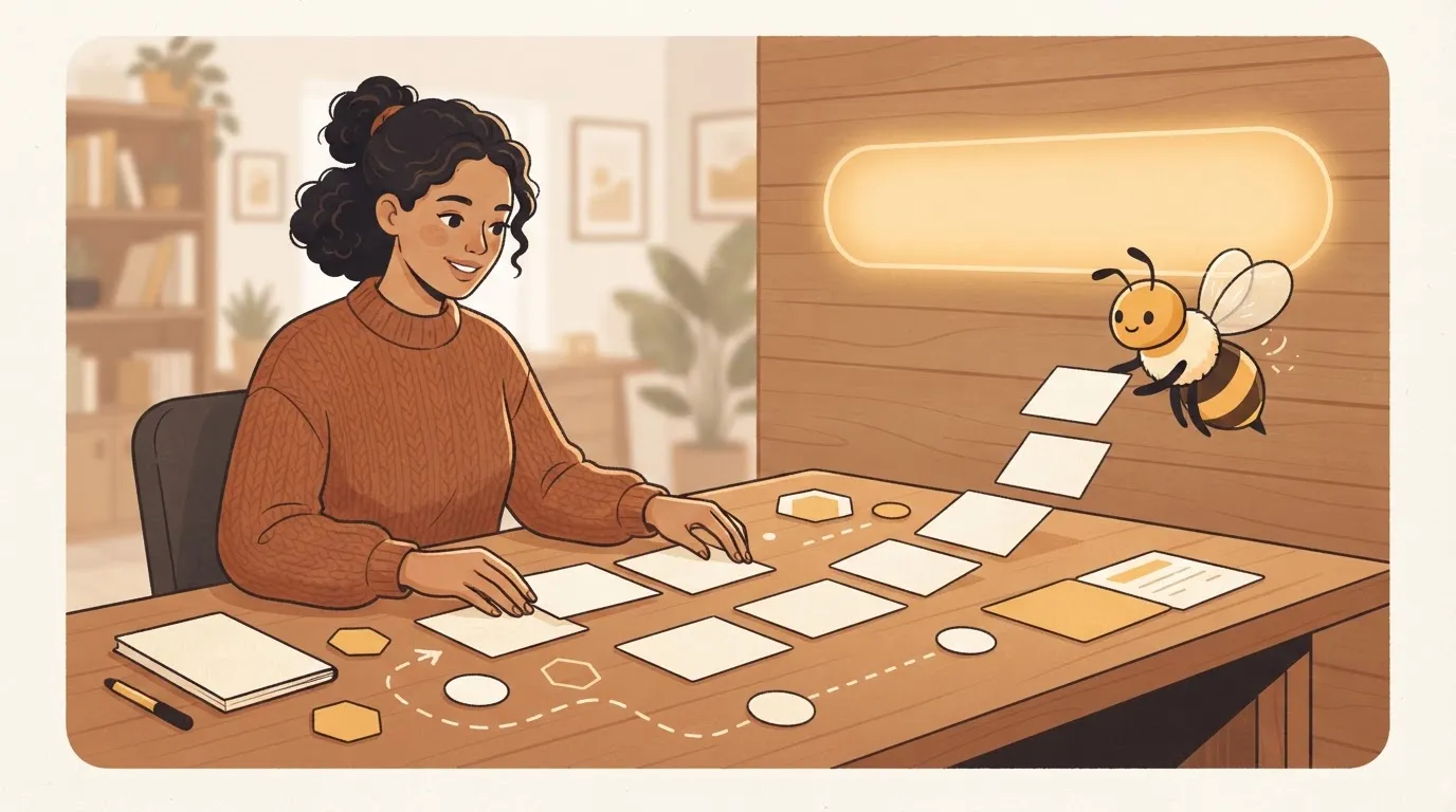A small business owner arranging blank answer cards and source notes while a friendly bee-like helper organizes them for AI search.