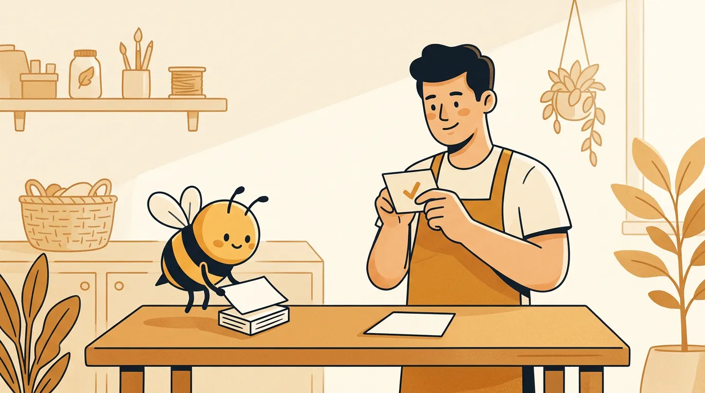 A shop owner checks a simple approval point while a bee-like helper prepares blank marketing cards.