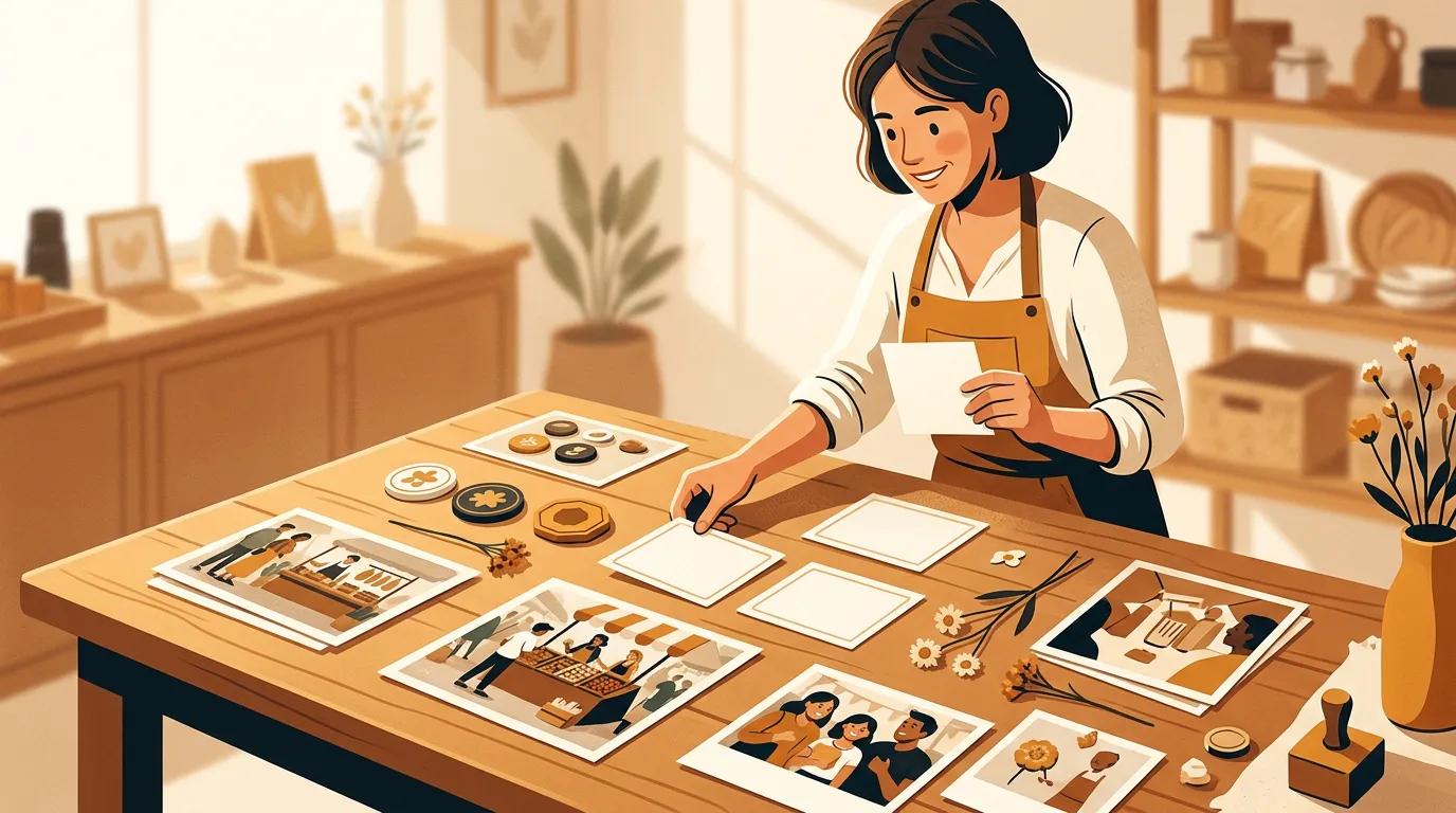 Warm workshop illustration of a local shop owner organizing real customer moments into trustworthy AI-assisted marketing cards.