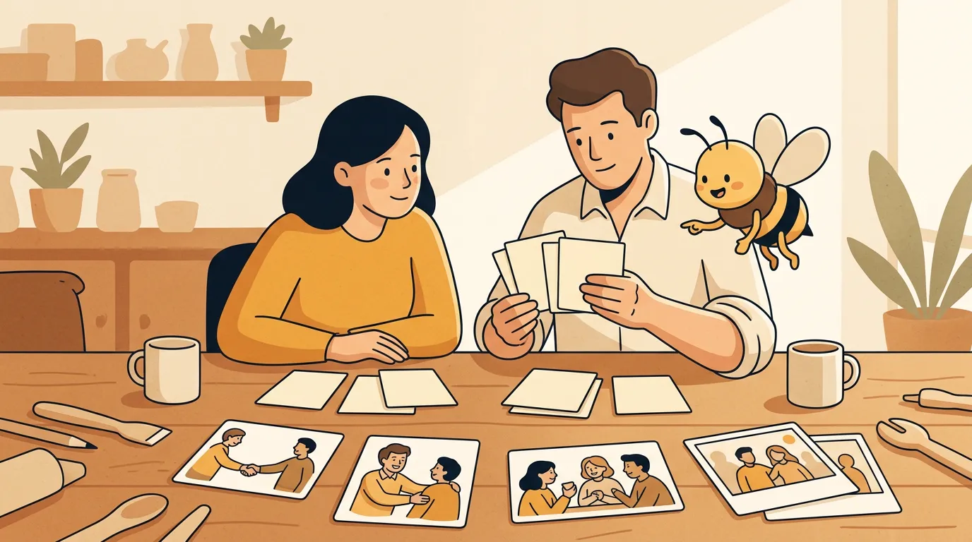 A local shop owner and a bee-like helper review blank marketing cards grounded in real customer moments.