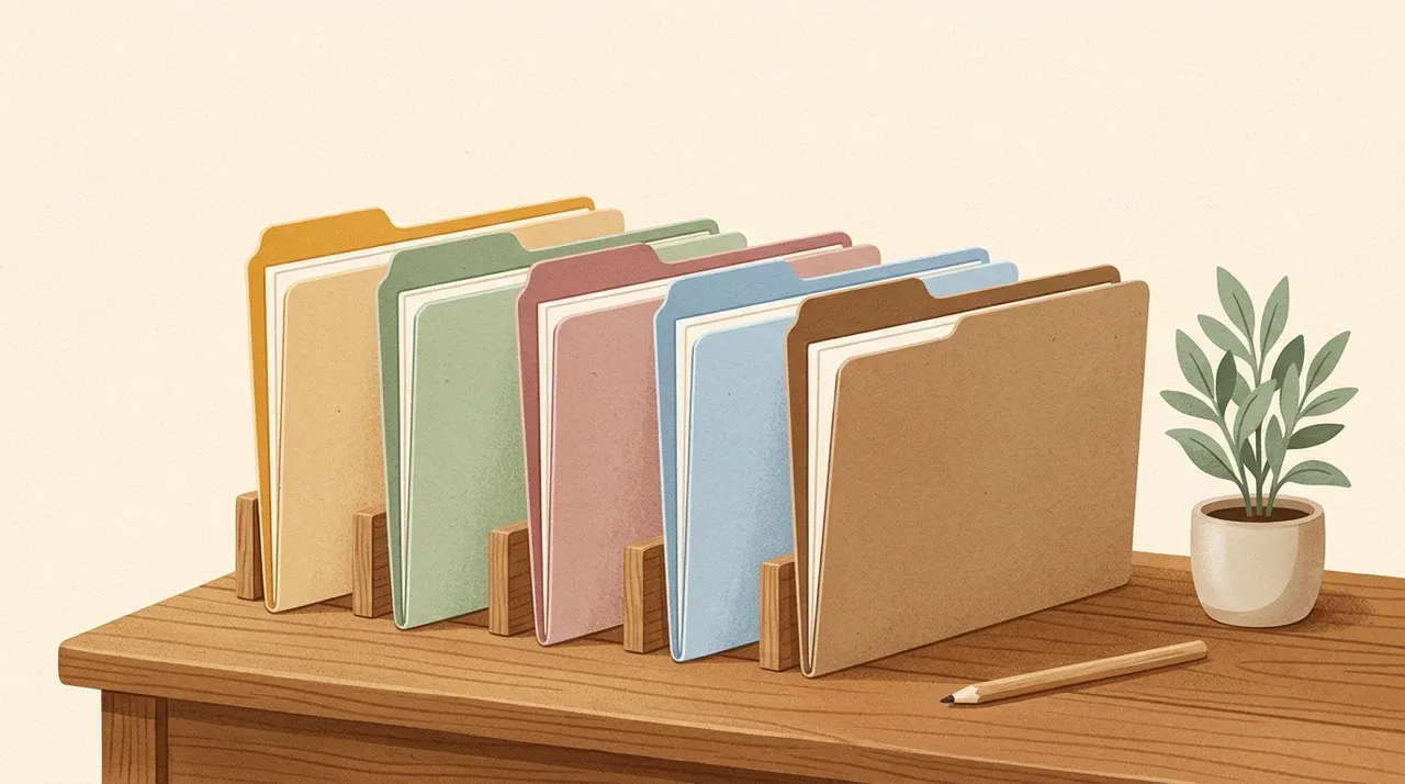 Illustration of five client folders in different colors, kept apart by wooden dividers on a desk
