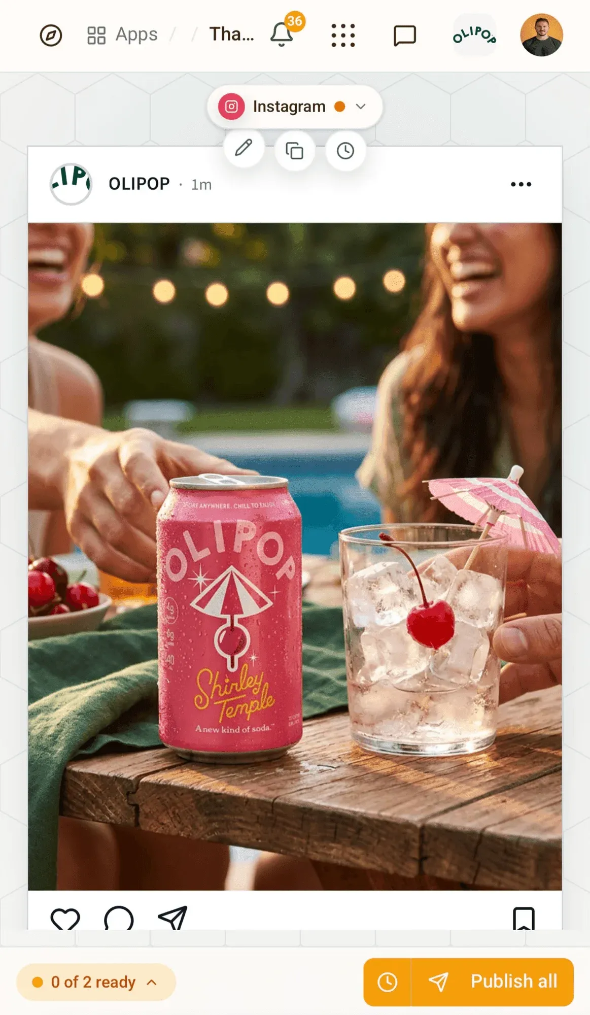 Beevi review screen showing an Instagram draft for a drinks brand, with edit, duplicate and schedule buttons and a Publish all button