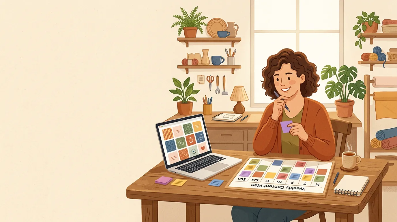 A small business owner planning a week of social media posts at a workshop bench