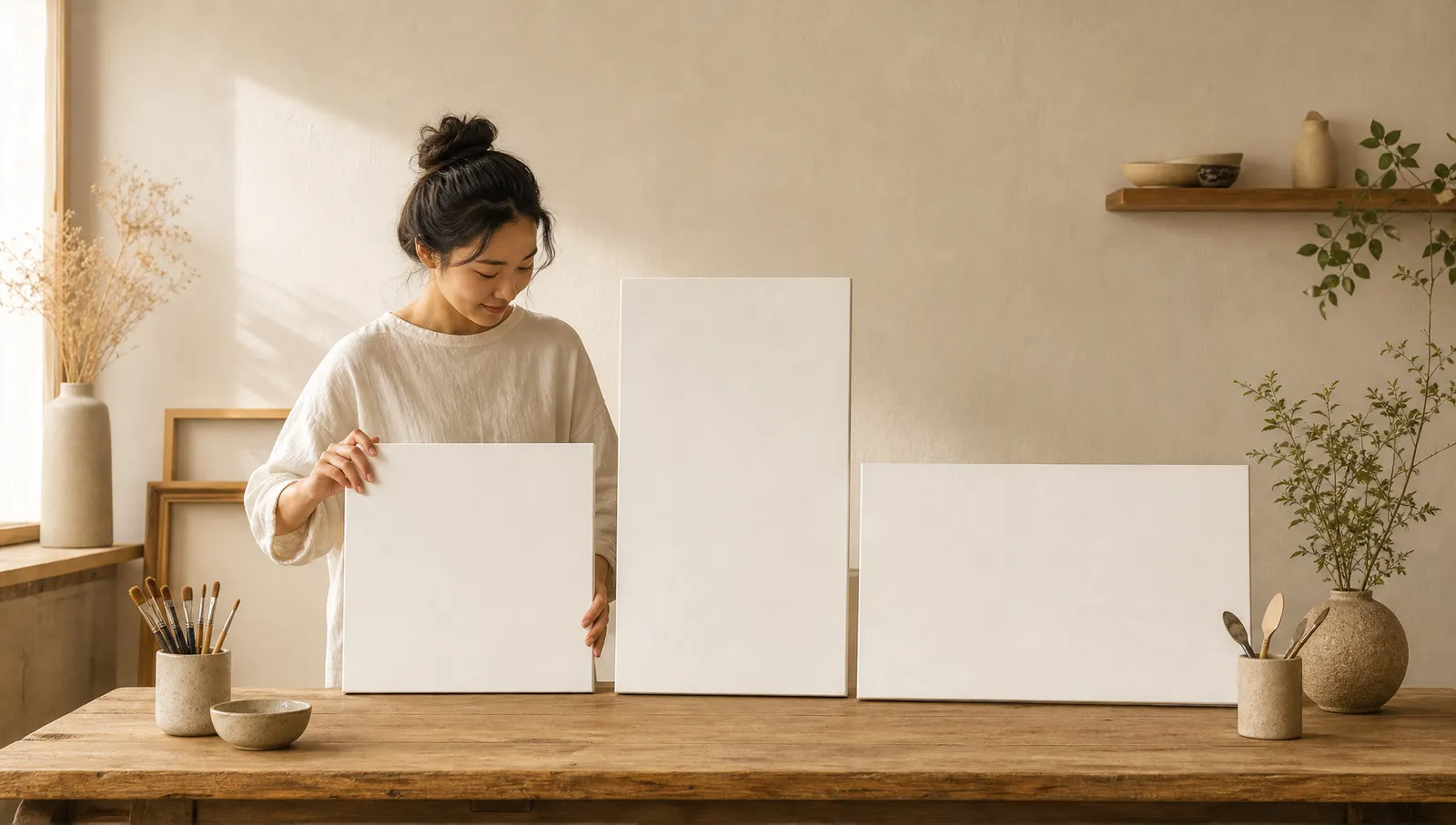 Small-business owner arranging portrait, vertical, and landscape social media image templates on a workshop table
