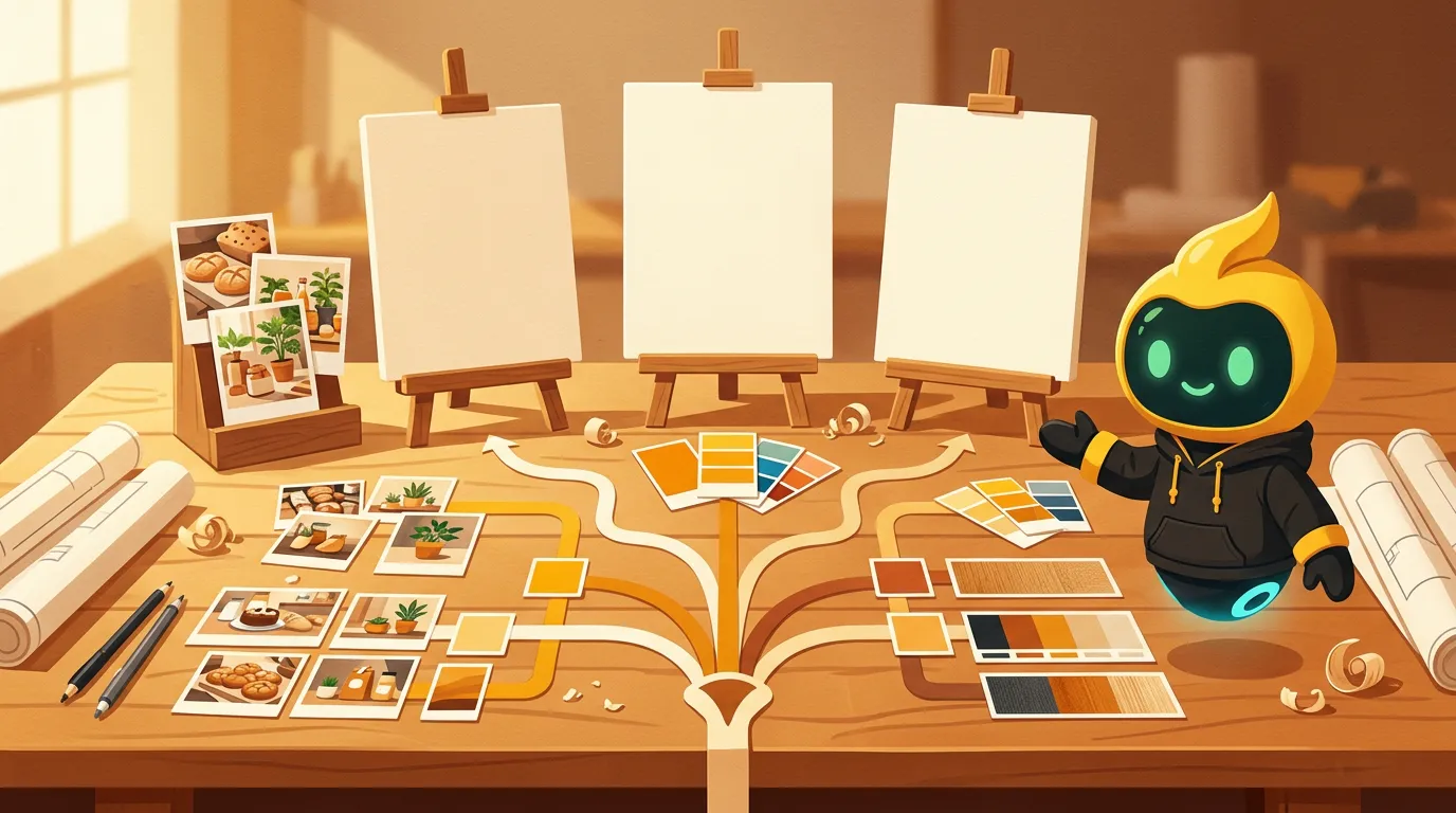 Three master social media image templates in portrait, vertical, and landscape formats on a workbench