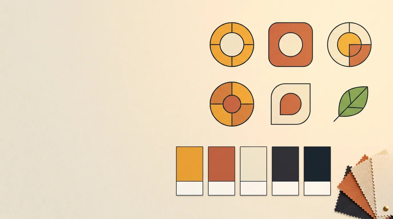 A tidy brand moodboard with color swatch chips, geometric logo-mark shapes, and paper texture samples arranged harmoniously on a warm paper-cream surface with generous negative space on the left.