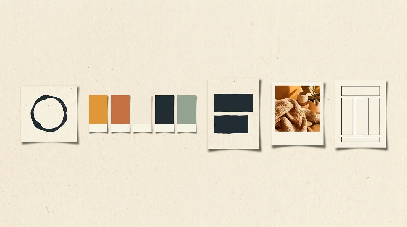 Five elements of a visual brand system laid out on a pinboard: a logo-mark shape, color swatches, typography bars, a photo swatch, and a layout grid card, all in warm amber and cream tones