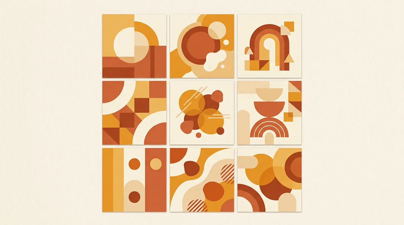 A cohesive 3x3 social media feed grid where all nine tiles share the same warm amber, cream, and terracotta palette, showing visual consistency at a glance